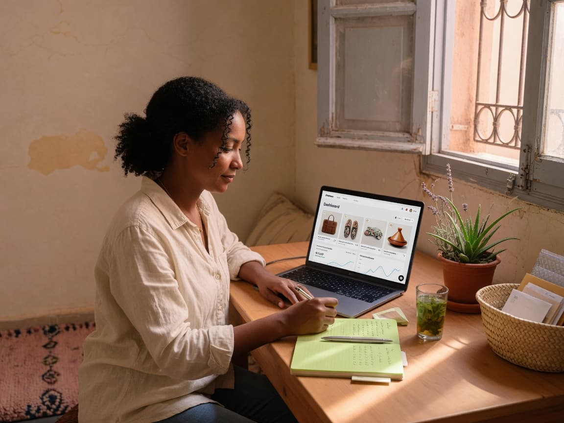 Opérateur Shopify et dropshipping à Marrakech, lumière du jour.