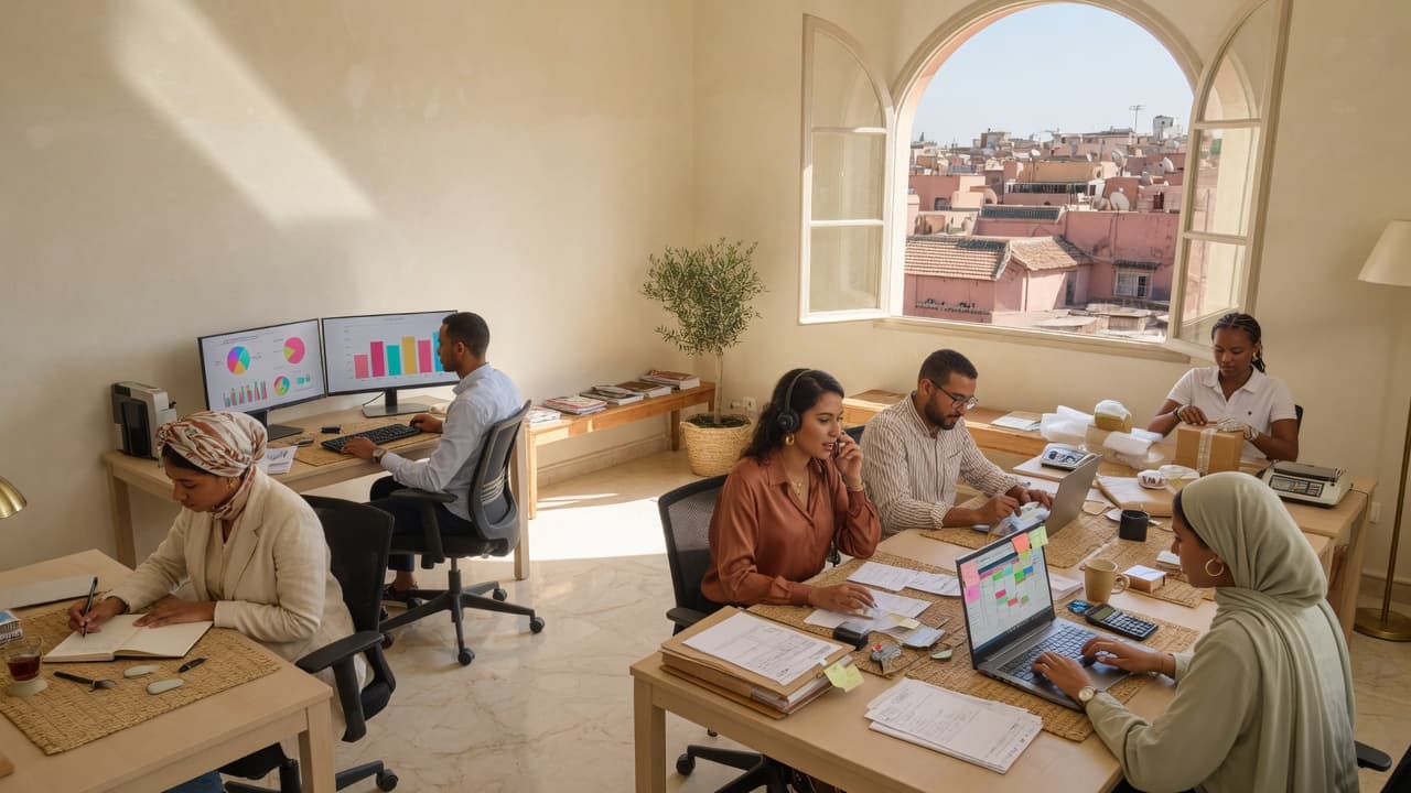 Petite équipe interne dans un bureau à Marrakech — les postes que Twily Staff tient.